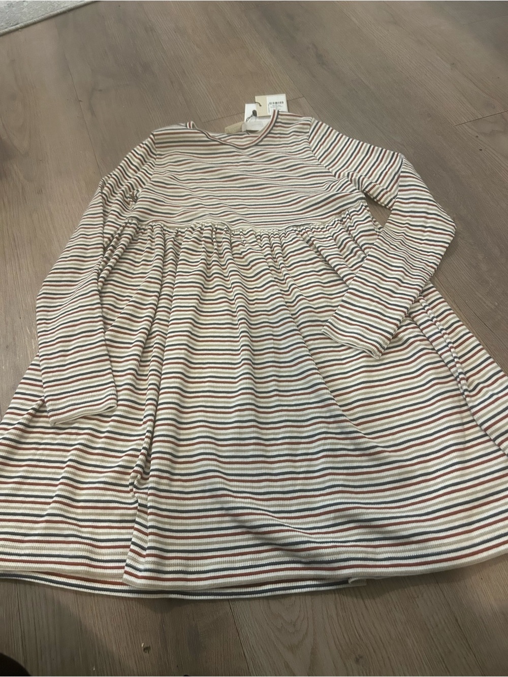 Girls' Long-Sleeve Striped cotton Dress in Cream and Brown